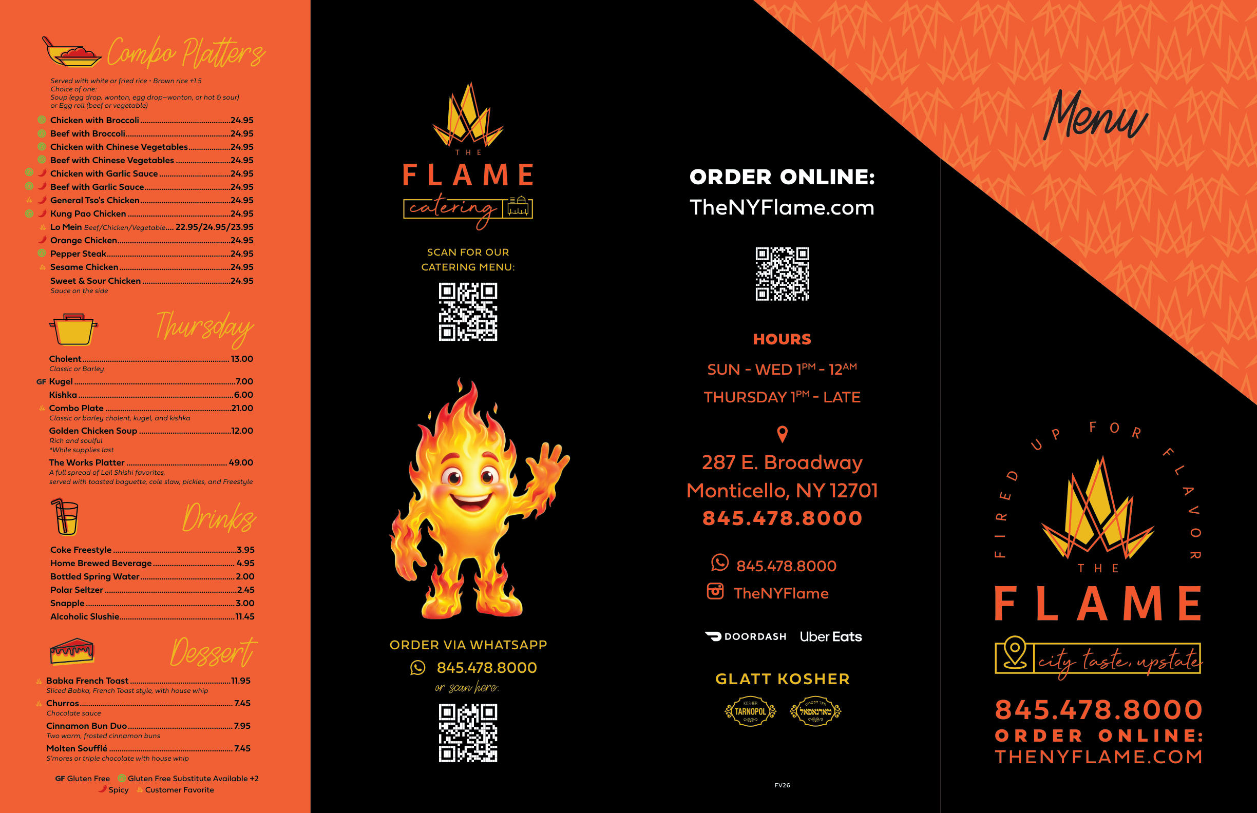 The Flame menu page 1 — drinks, Thursday / Leil Shishi specials (cholent, kugel, kishka), and combo platters