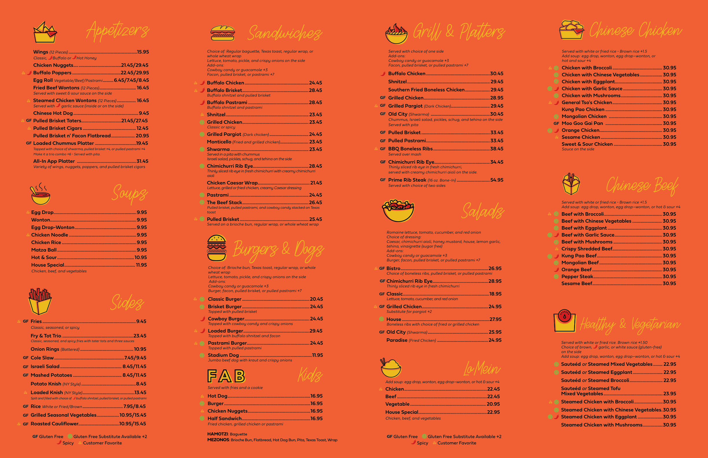 The Flame menu page 2 — appetizers, soups, sides, wings, sandwiches, pulled brisket and dessert